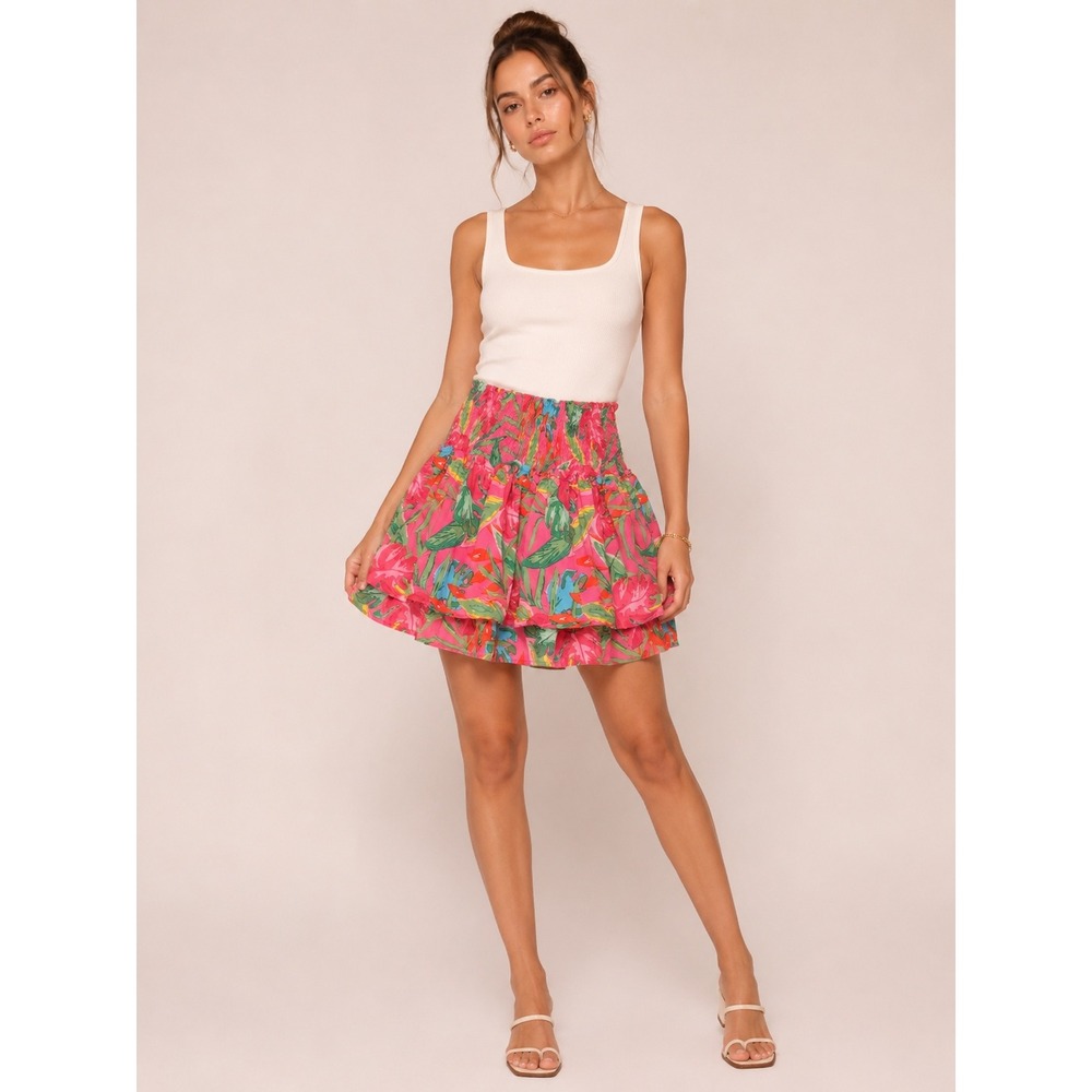 VICI Mini‎ Skirt Womens Medium Pink Floral Tropical Smocked Tiered Ruffle